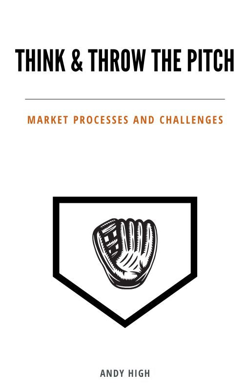 Book cover of 'Think & Throw the Pitch' with a baseball glove and home plate illustration on a white background.